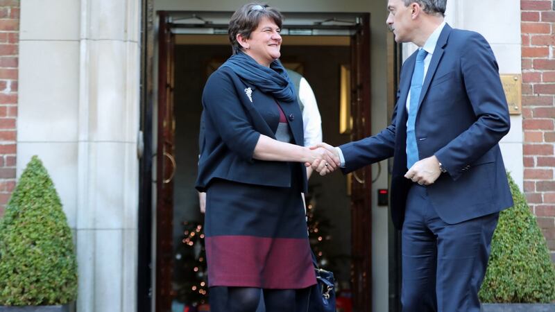 DUP Leader Arlene Foster shakes hands with Northern Ireland Secretary of State Julian Smith after the  talks. Photograph: Niall Carson/PA Wire