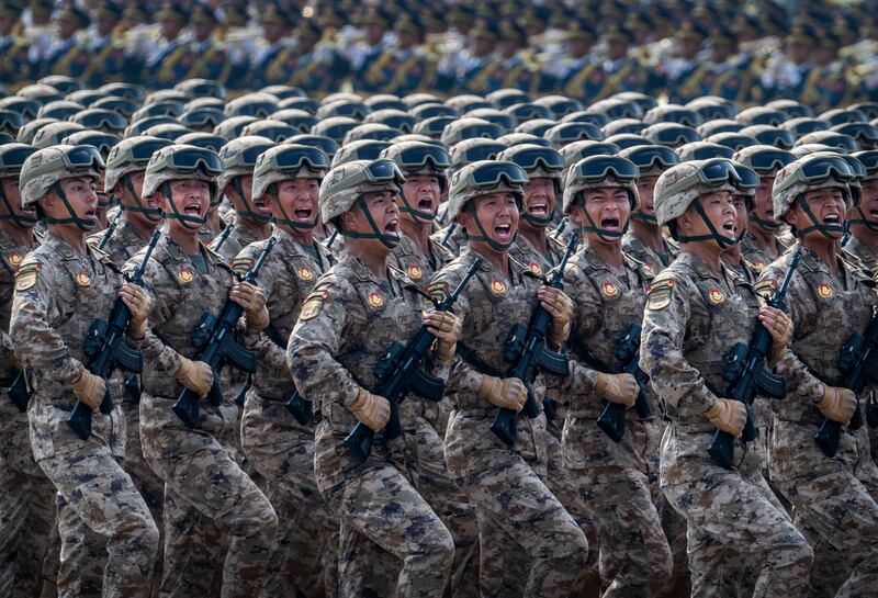 Chinese soldiers shout during a military parade marking the 80th anniversary of victory over Japan and the end of the second World War, in Tiananmen Square, Beijing. Photograph: Kevin Frayer/Getty Images