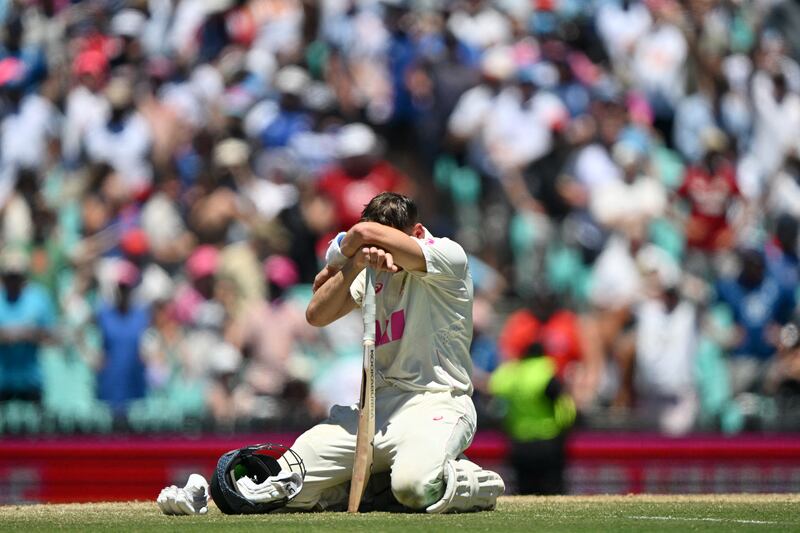 Australia's Marnus Labuschagne reacts after being run out on the final day of the fifth Ashes Test match. Photograph: Saeed Khan/Getty