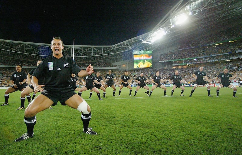 Carlos Spencer leads the Haka before the 2003 Rugby World Cup semi-final between Australia and New Zealand in Sydney. Photograph: Nick Laham/Getty