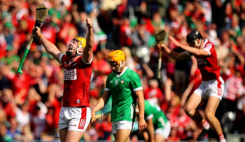 Cork’s Niall O'Leary celebrates the victory over Limerick at the final whistle. Photograph: Ryan Byrne/Inpho