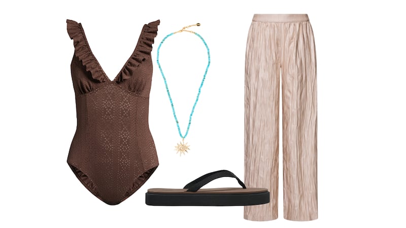 Swimsuit, €38, The Very Collection, Very Ireland; Necklace, €58, Hush; Flip flop, €19.95, Zara; Drawstring trouser, €100, French Connection