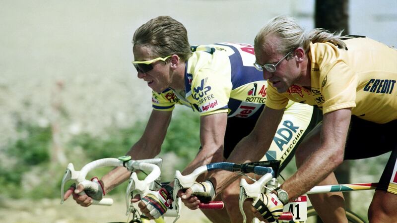 Greg LeMond and  Laurent Fignon  ride next to each other during the  19th stage of the 1989 Tour de France between Villard de Lans and Aix-Les-Bains. Photograph: AFP via Getty Images