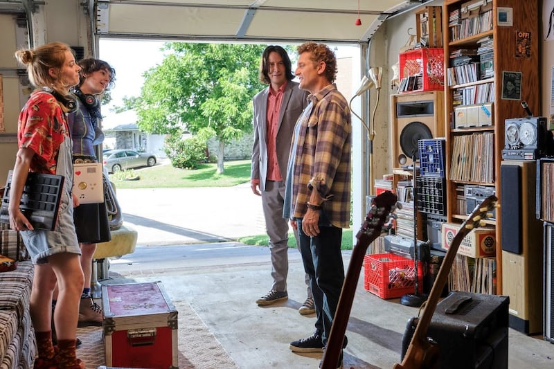 Bill & Ted Face the Music: Samara Weaving, Brigette Lundy-Paine, Keanu Reeves and Alex Winter. Photograph: Patti Perret/Orion Pictures