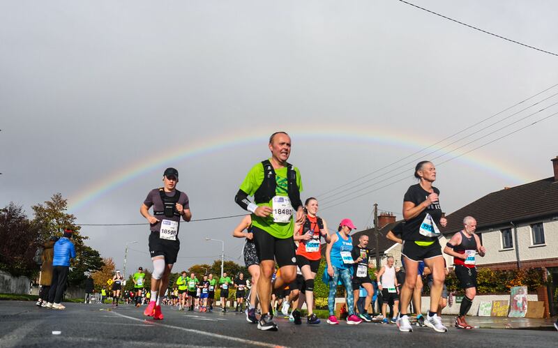 Dublin Marathon 2023: While driving rain greets the runners at the finish line, the race starts shortly before 9am in watery sunshine. Photograph: Nick Elliott/Inpho