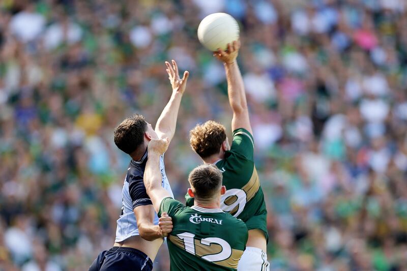 Kerry's Seán O'Brien scores his side’s second goal - replays suggested it was a square ball. Photograph: Laszlo Geczo/Inpho