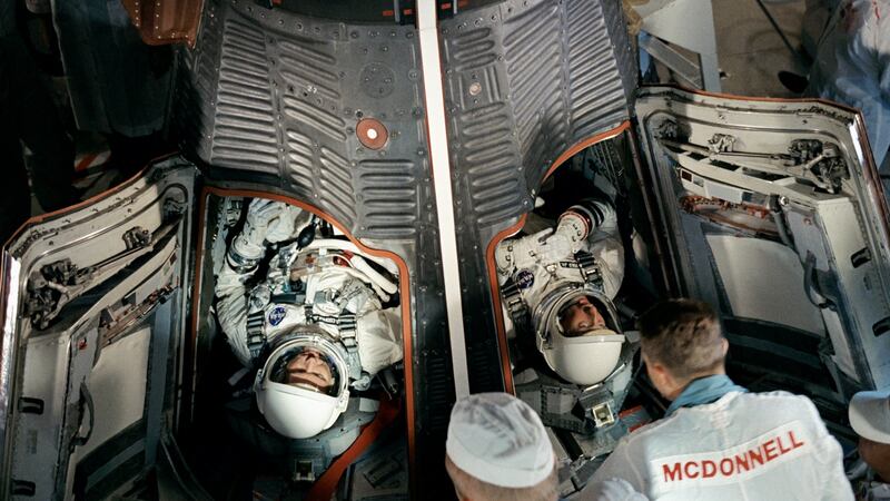Gemini astronauts Gordon Cooper and Pete Conrad  in the GT-V spacecraft at Cape Canaveral on August 21st, 1965.