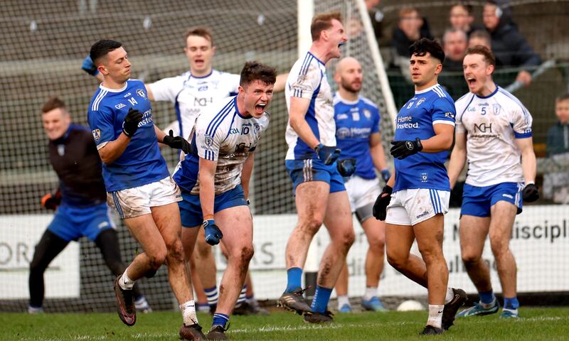 Naas’ Alex Beirne and his team-mates celebrate the semi-final win over St Loman's. Photograph: James Crombie/Inpho