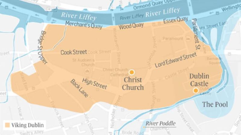 2014: an idea of how Viking Dublin (shaded) would sit in the modern city. Map: Howard Clarke/The Irish Times