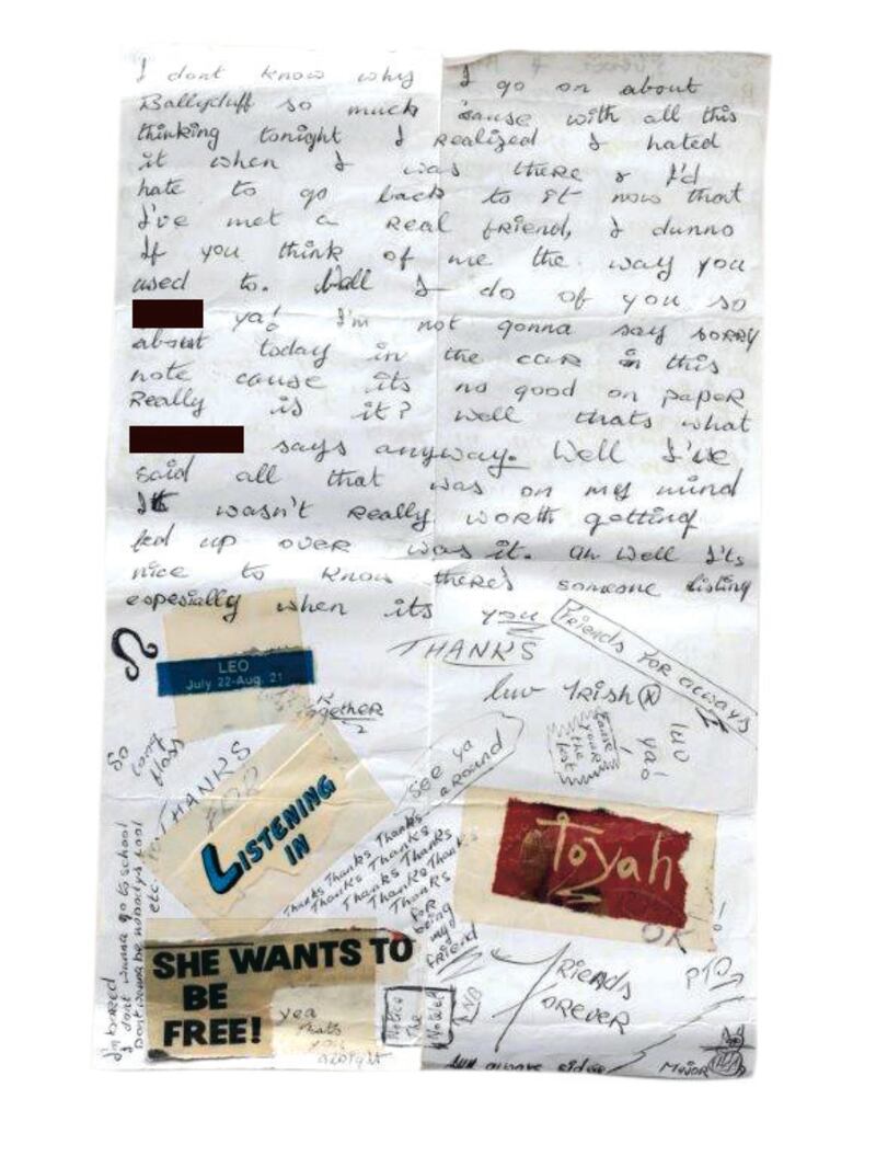Extract from a note to Belinda Lee from Trisha Lovett, which was sent after Ann Lovett's death. A name has been redacted.
