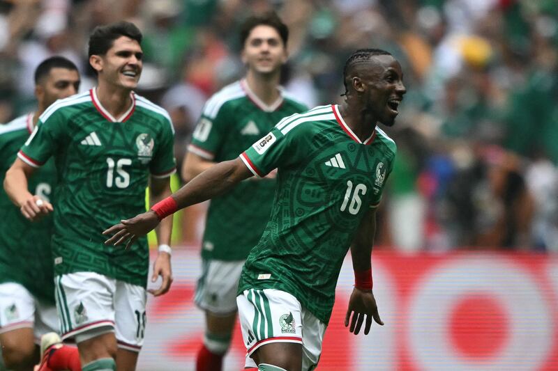 Mexico's Julián Quinones celebrates scoring the opening goal of the tournament. Photograph: Carl de Souza/AFP via Getty Images