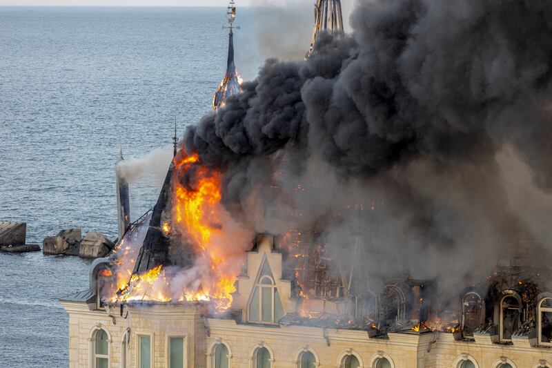 A burning building damaged as a result of a Russian missile attack in April 2024.Photograph: Oleksandr Gimanov/AFP via Getty Images