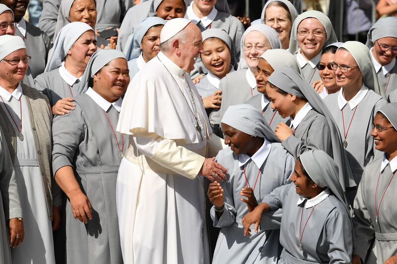 2019. Pope Francis his greeted by nuns during his weekly general audience in the Vatican's Saint Peter square on September 25, 2019. Photograph: Alberto Pizzoli / AFP via Getty Images