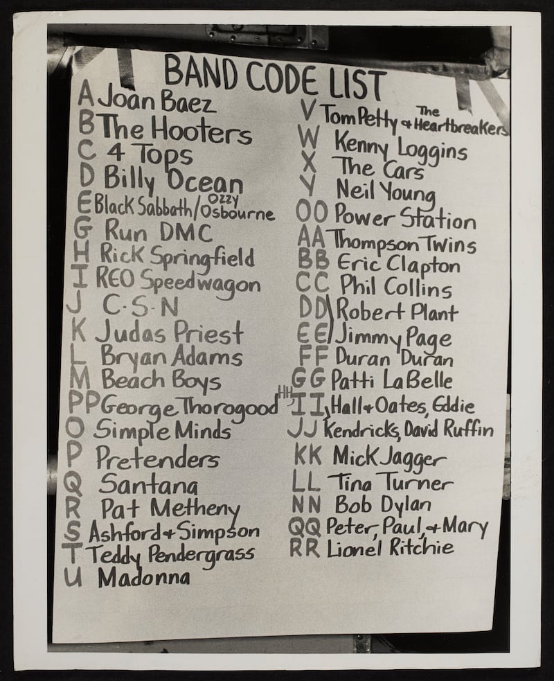 Band code list for performers at JFK Stadium in Philadelphia. Photograph: Bob Gruen/Star File/Band Aid Archive courtesy © The National Library of Ireland

 