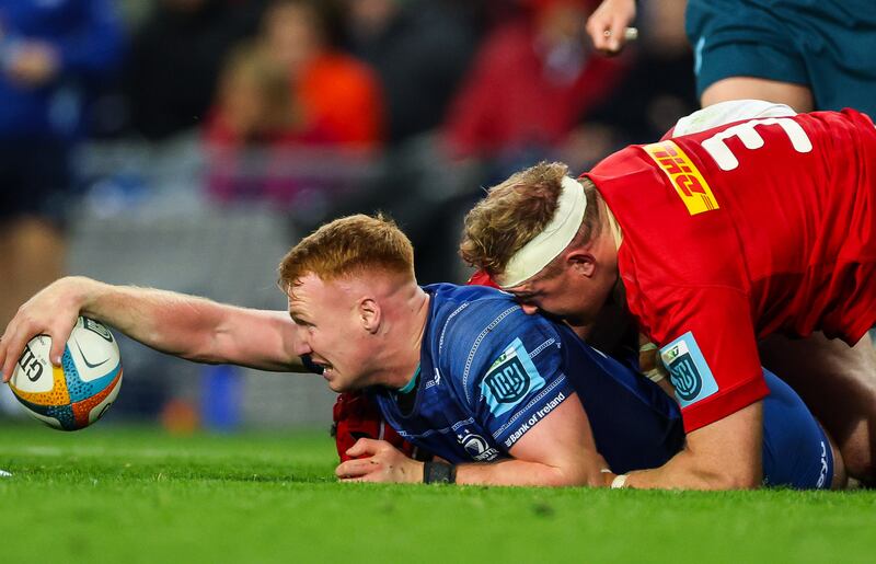 Leinster’s Ciaran Frawley reaches for the try line. Photograph: Billy Stickland/Inpho 