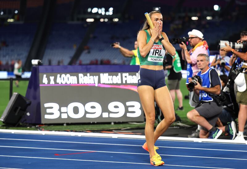 Ireland's Sharlene Mawdsley looks in disbelief after crossing the finish line to win the mixed 4 x 400m relay final at the European Athletics Championships at the Olympic stadium in Rome. Photograph: Morgan Treacy/Inpho