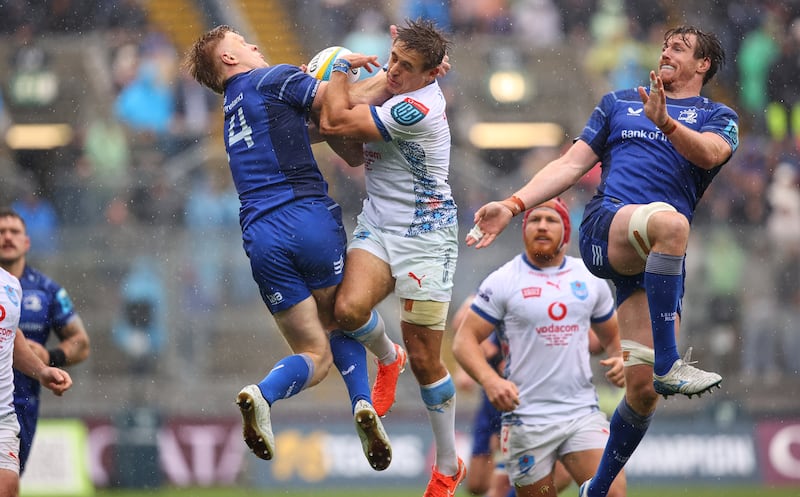 Leinster's Tommy O'Brien challenges for the ball with Sebastian de Klerk of the Bulls at Croke Park. Photograph: Ben Brady/Inpho