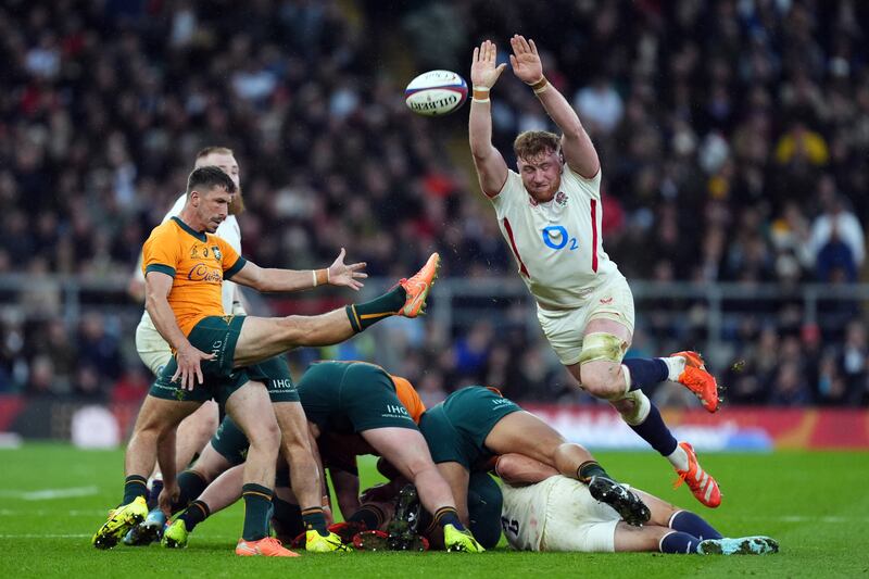 England’s Ollie Chessum attempts to block down a kick by Australia’s Jake Gordon during the game at Twickenham. Photograph: Mike Egerton/PA Wire