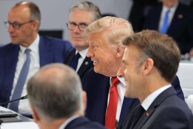 Germany's chancellor Friedrich Merz, Britain's prime minister Keir Starmer, US president Donald Trump and France's president Emmanuel Macron at a G7 meeting. Photograph: Ludovic Marin/AFP via Getty Images