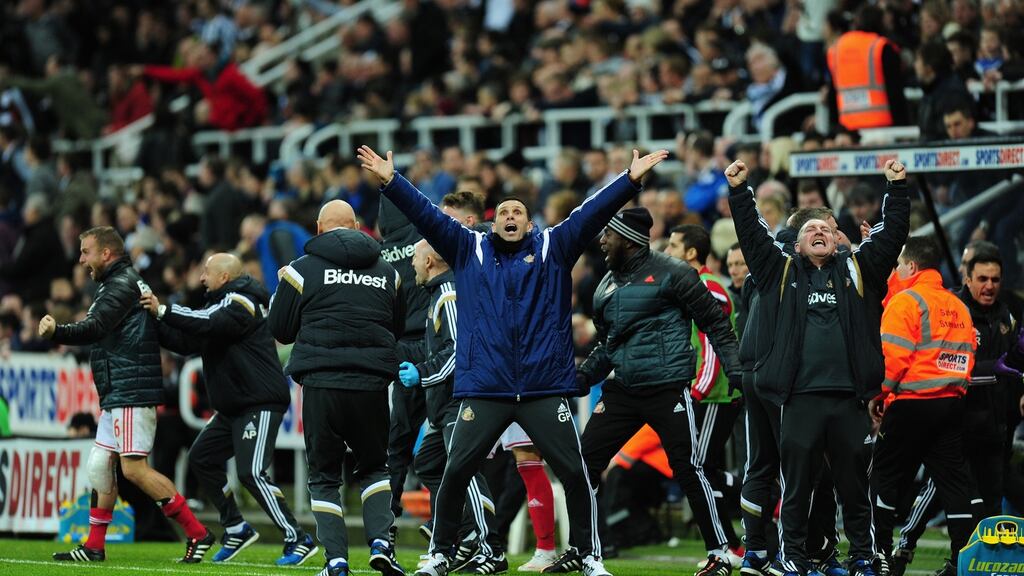 Sunderland manager Gus Poyet celebrates the winning goal during the Barclays Premier League match between Newcastle United and Sunderland at St James’ Park on December 21, 2014. Photo: Stu Forster/Getty Images