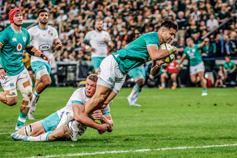 Conor Murray scores for Ireland in the first half of their clash with South Africa. Photograph: Wikus de Wet/AFP via Getty Images 
