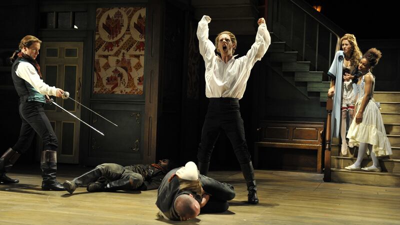 Geoffrey Streatfeild as Archer, Esh Alladi as Bagshot, Mark Rose as Hounslow, Samuel Barnett as Aimwell, Susannah Fielding as Mrs Sullen and Pippa Bennett-Warner as Dorinda in George Farquhar’s ‘The Beaux Stratagem’ directed by Simon Godwin at the National Theatre in London. Photograph: Robbie Jack/Corbis via Getty Images