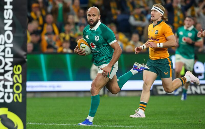 Ireland’s Jamison Gibson-Park runs in to score a try. Photograph: David Neilson/Photosport/Inpho