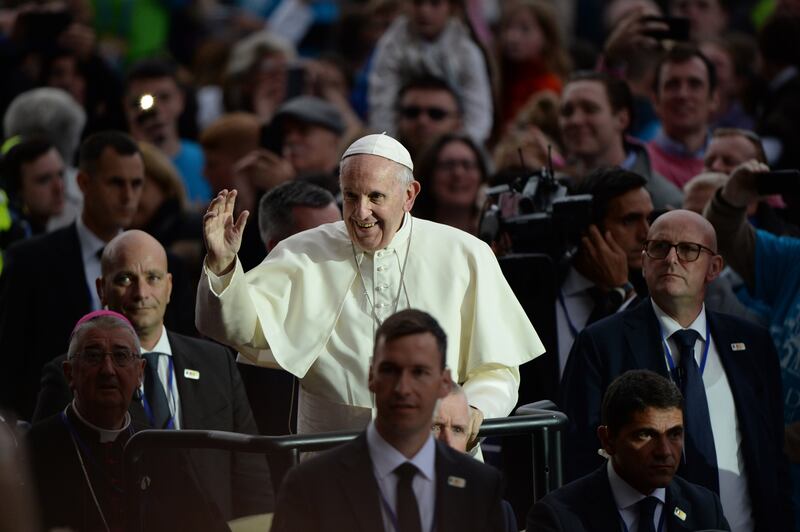 2018. Pope Francis arrives to the celebration for WMOF2018 Festival of Families, at Croke Park, Dublin. Photograph: Dara Mac Dónaill / The Irish Times