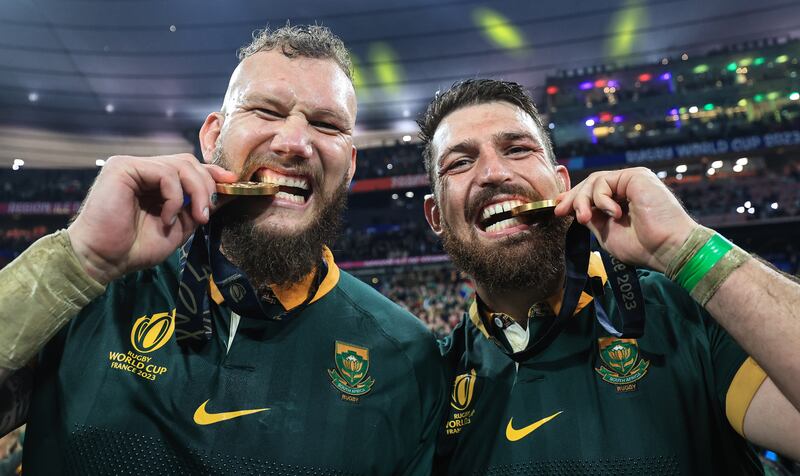 RG Snyman and Jean Kleyn celebrate after South Africa's victory at the 2023 Rugby World Cup. Photograph: Dan Sheridan/Inpho