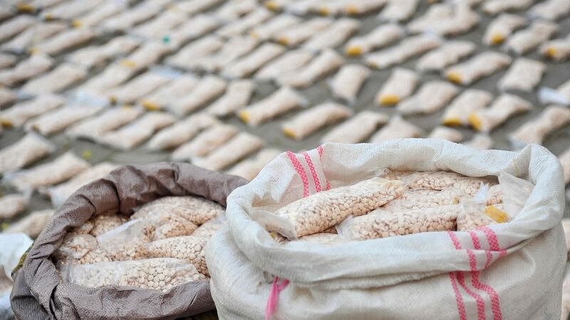 A handout picture released by the official Syrian Arab News Agency shows bags containing the banned stimulant captagon that were seized by authorities on a shipment destined for Saudi Arabia. Photograph: Sana/AFP via Getty Images