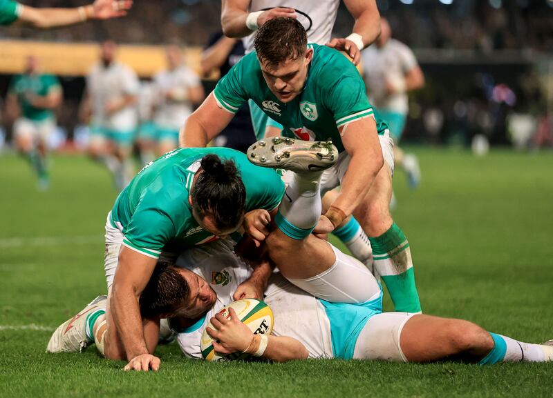 South Africa's Handré Pollard and Ireland's James Lowe and Garry Ringrose. Photograph: Dan Sheridan/©INPHO