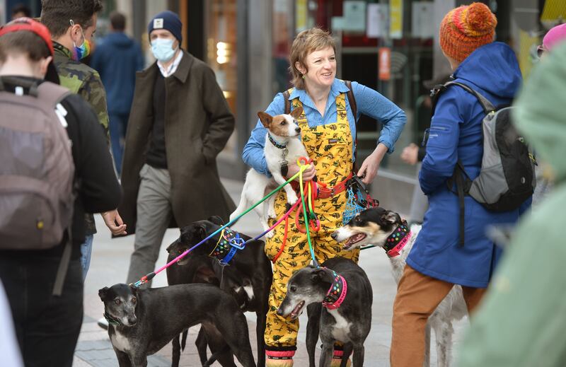 Kate Donohoe, the mother who died in Clonee on Saturday, photographed in 2020 on Grafton Street, Dublin with her dog Atlas and four others. Photograph: Dara Mac Dónaill