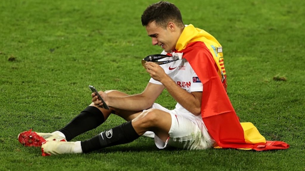 Sergio Reguilon celebrates with his Europa League medal during his loan spell at Sevilla last season. File photograph: Getty Images