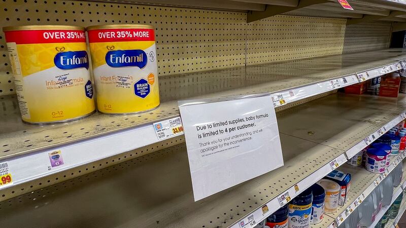 Empty shelves of infant formula at a Kroger supermarket in Decatur, Georgia, along with a sign reminding parents that supplie swill be rationed when they are available.  Photograph: Erik Lesser/EPA