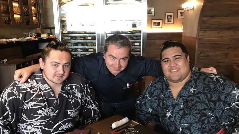 John Gunning with two Japanese sumo wrestlers Tsuyukusa (left) and Musashikuni. “I’ve been a fan, an athlete, a coach and now am a commentator and writer. For me it’s hard to separate my life in Japan from my life in sumo.”