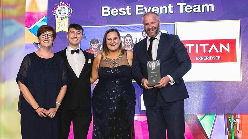 Dr. Theresa Ryan, Lecturer & Researcher, School of Hospitality Management and Tourism, Dublin Institute of Technology presents the Best Event Team award to Eoin Conroy, Ciara Lucey & Darragh Butler, Titan Experience.