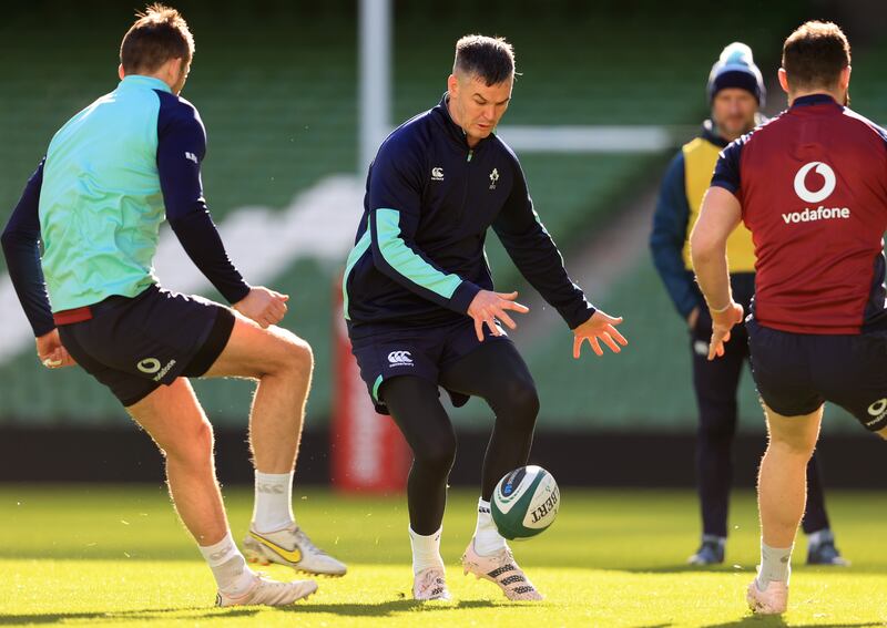 Johnny Sexton in action during the Ireland training session at the Aviva Stadium. Photograph: Dan Sheridan/Inpho