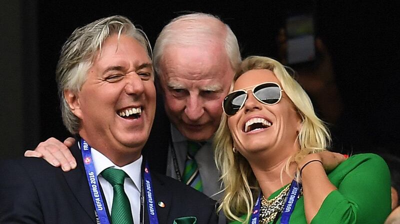 John Delaney, chief executive of the FAI,  Pat Hickey, president of the Olympic Council of Ireland, and Emma English at the Uefa Euro 2016  tournament in France. Photograph: Stephen McCarthy/Sportsfile via Getty Images