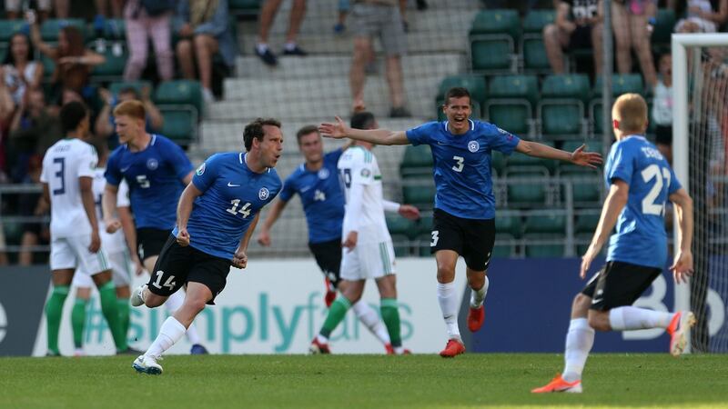 Estonia’s Konstantin Vassilijev celebrates scoring a goal  during the  Euro 2020 qualifying game against Northern Ireland at A Le Coq Arena in  Tallinn. Photograph:  Steven Paston/PA Wire