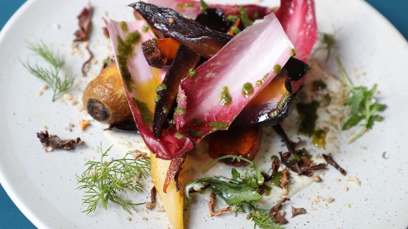 Roast heritage and Iona carrots, organic buttermilk, dill, hazelnut dukkah at the Commons Cafe at (Moli) Museum of Literature Ireland, Dublin.  Photograph:  Nick Bradshaw / The Irish Times
