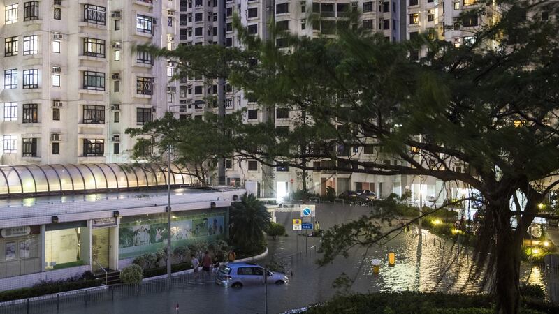 A vehicle  partially submerged in floodwaters at the Heng Fa Chuen residential estate during  Typhoon Mangkhut in Hong Kong. Photograph: Justin Chin/Bloomberg