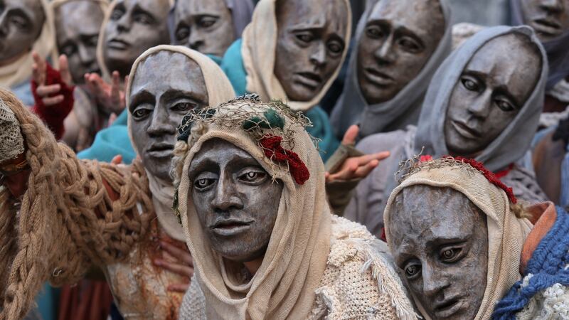 ‘The Ancestors’ gather at the annual Macnas Halloween parade in Galway  on Sunday. Photograph: Joe O’Shaughnessy