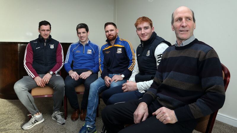 Galway captain David Burke, Justin Fahy, Kilbeacanty chairman,  Shane Donohue, Niall’s brother, Galway hurler Conor Whelan, cousin of Niall, and Francis Donohue, Niall’s father.  Photograph: Joe O’Shaughnessy