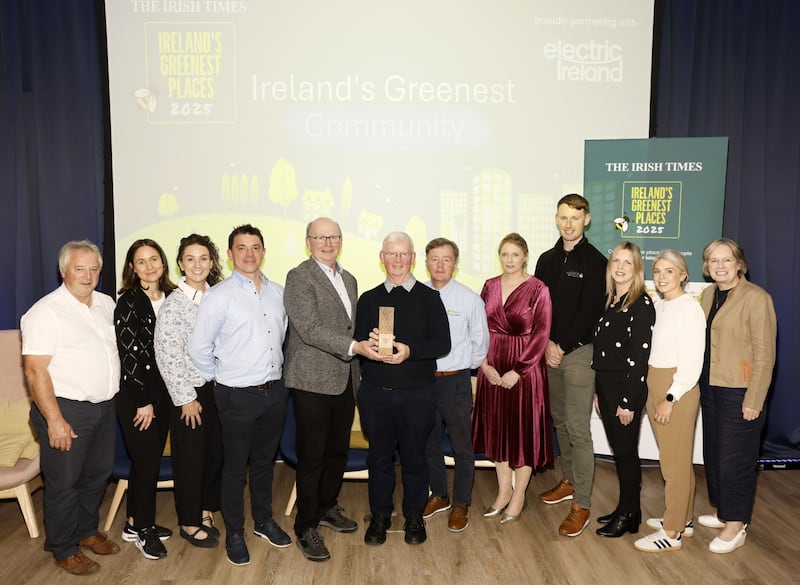 A group from Dysart, winner of Ireland's Greenest Community, pictured with one of the judges, Kevin O'Sullivan (fifth from left). Photograph: Kieran Harnett