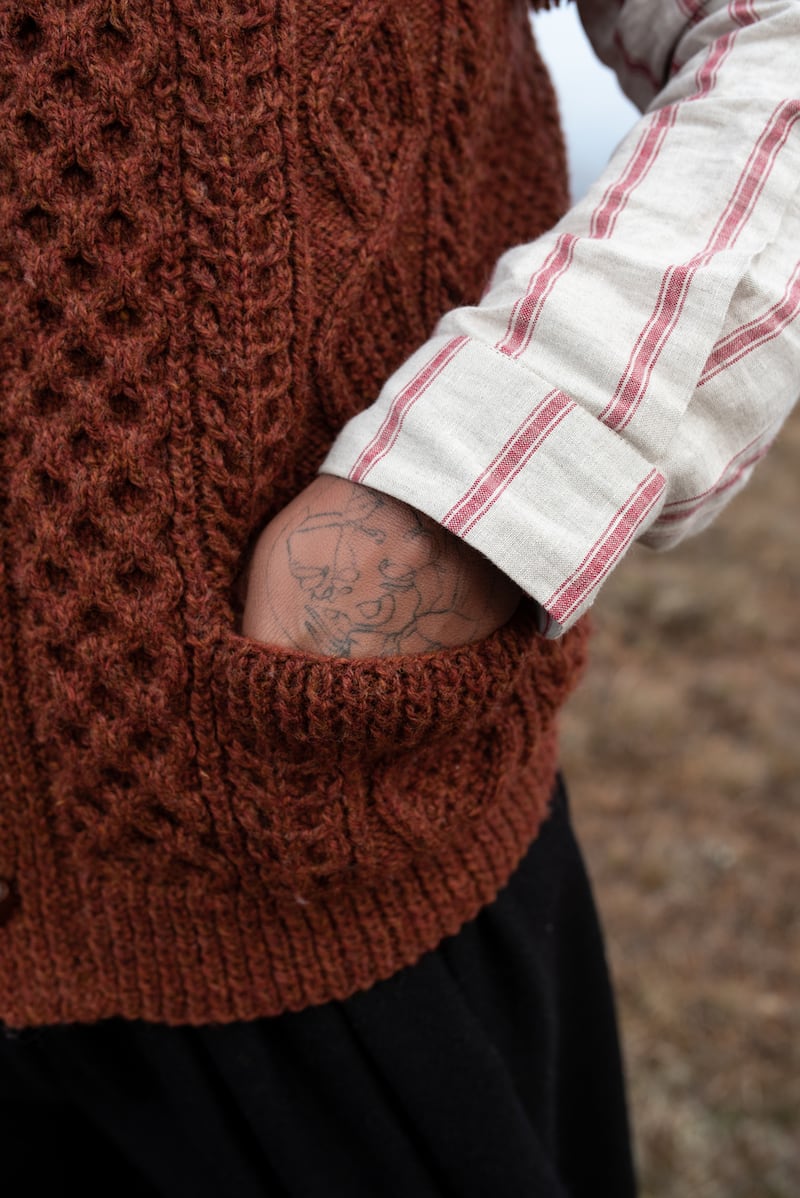 Close up of an Aran sweater and Irish linen shirt by The Tweed Project