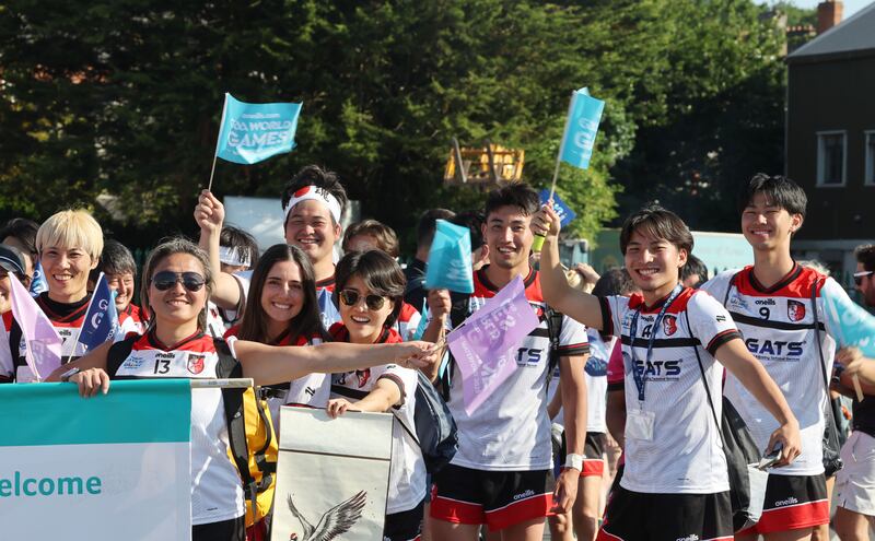 GAA World Games: Members of Japan GAA prepare to  parade through the streets of Waterford for the opening ceremony. Photograph: Alan Betson