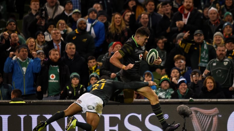 Jacob Stockdale scores Ireland’s fourth try. Photograph: Clodagh Kilcoyne/Reuters