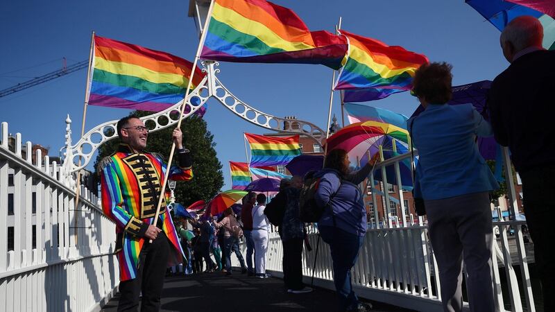 Protesters demonstrate on the Ha’Penny Bridge. Photograph: Reuters/Hannah McKay