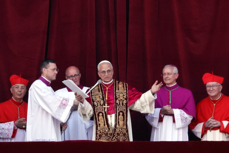 The newly elected pontiff, Pope Leo XIV is seen for the first time from the Vatican balcony. Photograph: Dan Kitwood/Getty Images