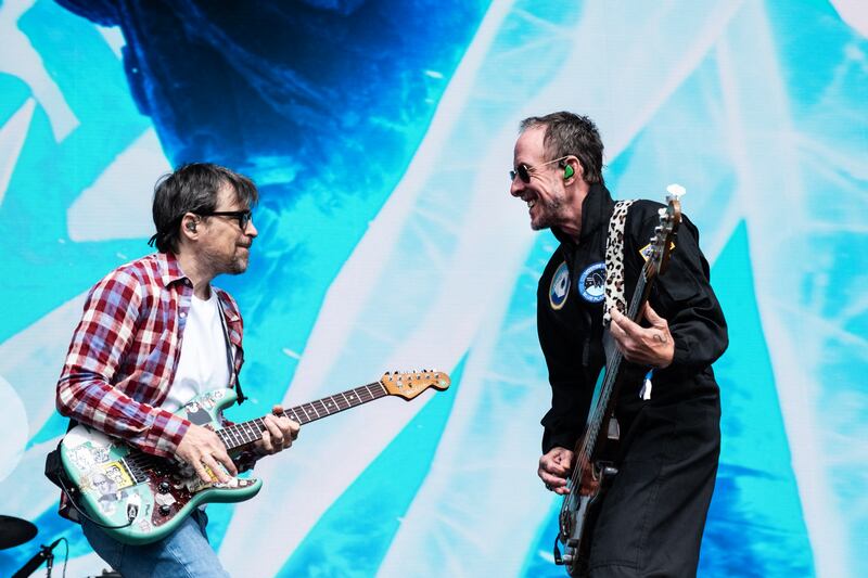 Rivers Cuomo (left) and Scott Shriner of Weezer. Photograph: Helle Arensbak/Ritzau Scanpix/AFP via Getty Images 